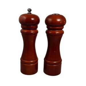 Vintage Wood Salt Shaker & Pepper Mill Grinder Set Brown 7.25” Tall MCM  -READ